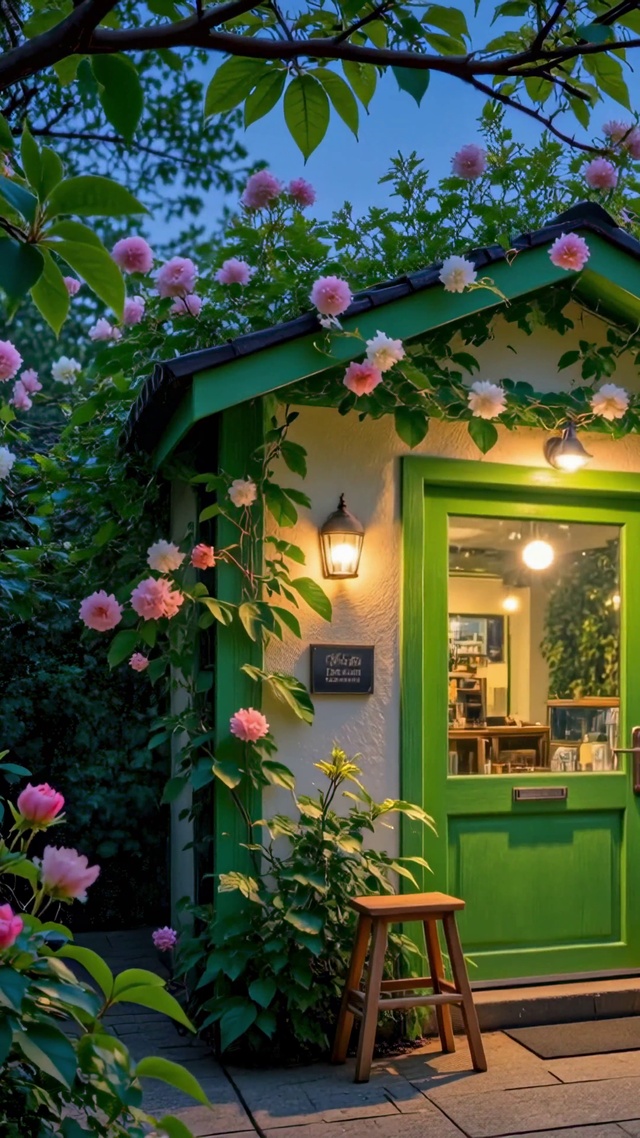 夜晚花园小屋