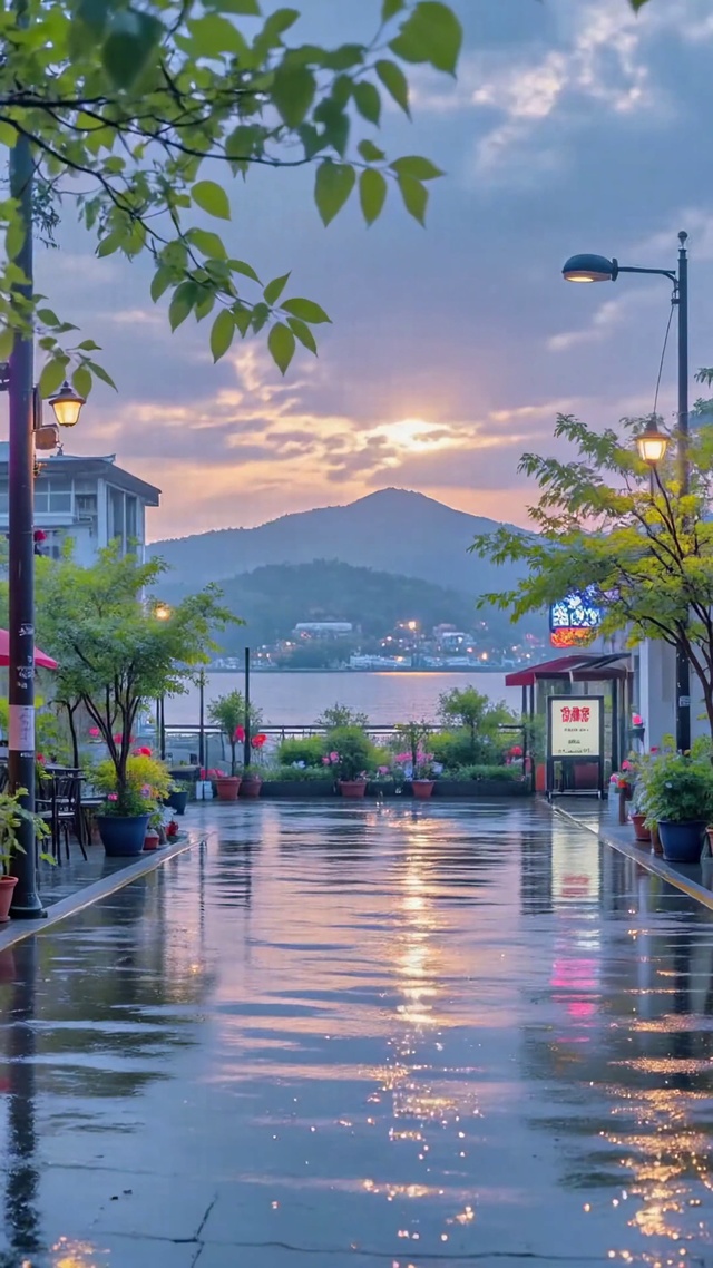 雨后治愈湖畔街道黄昏美景