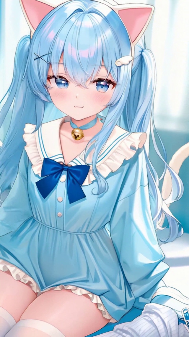 清新蓝发猫耳二次元美少女