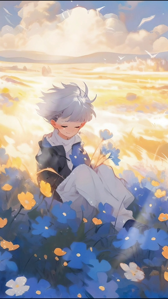花海中的小男孩