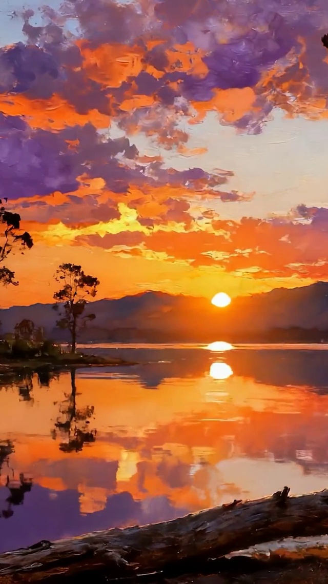 油画夕阳树木