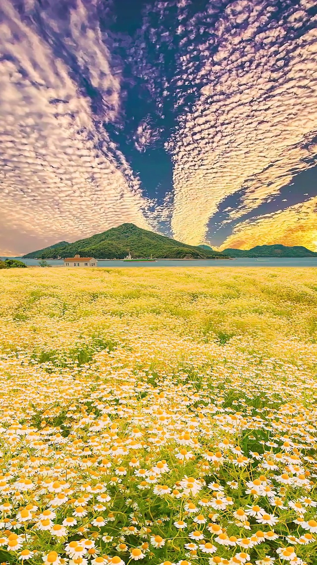 唯美晚霞雏菊花海