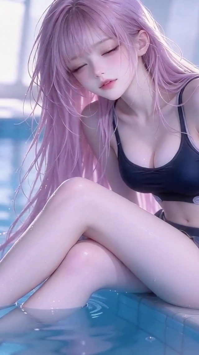泳池悠闲玩水少女