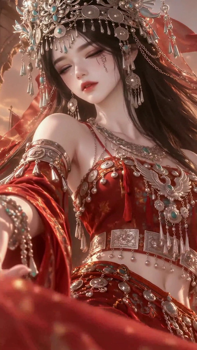 西域古风神女落日红纱