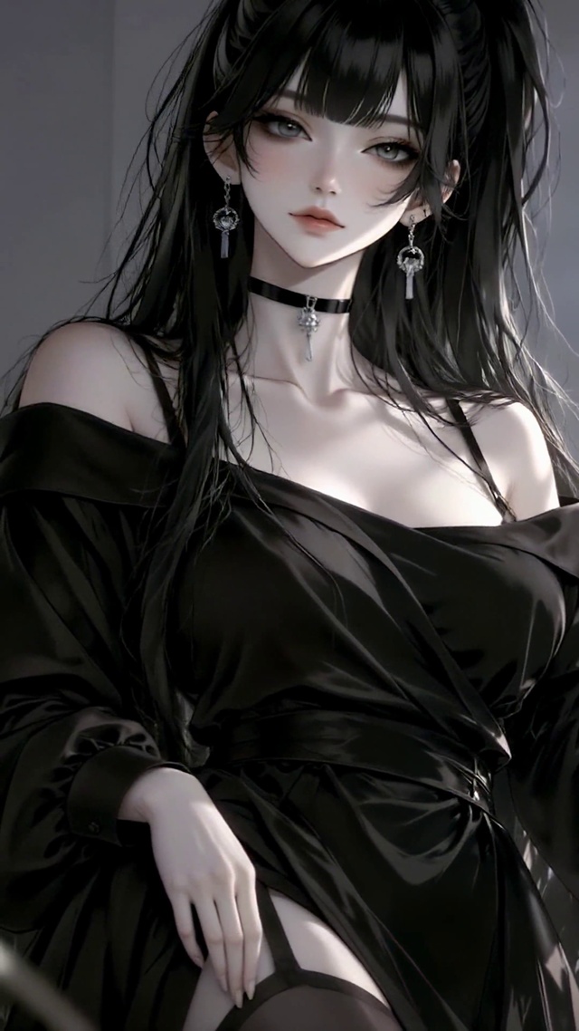 月夜窗边黑裙冷艳美女