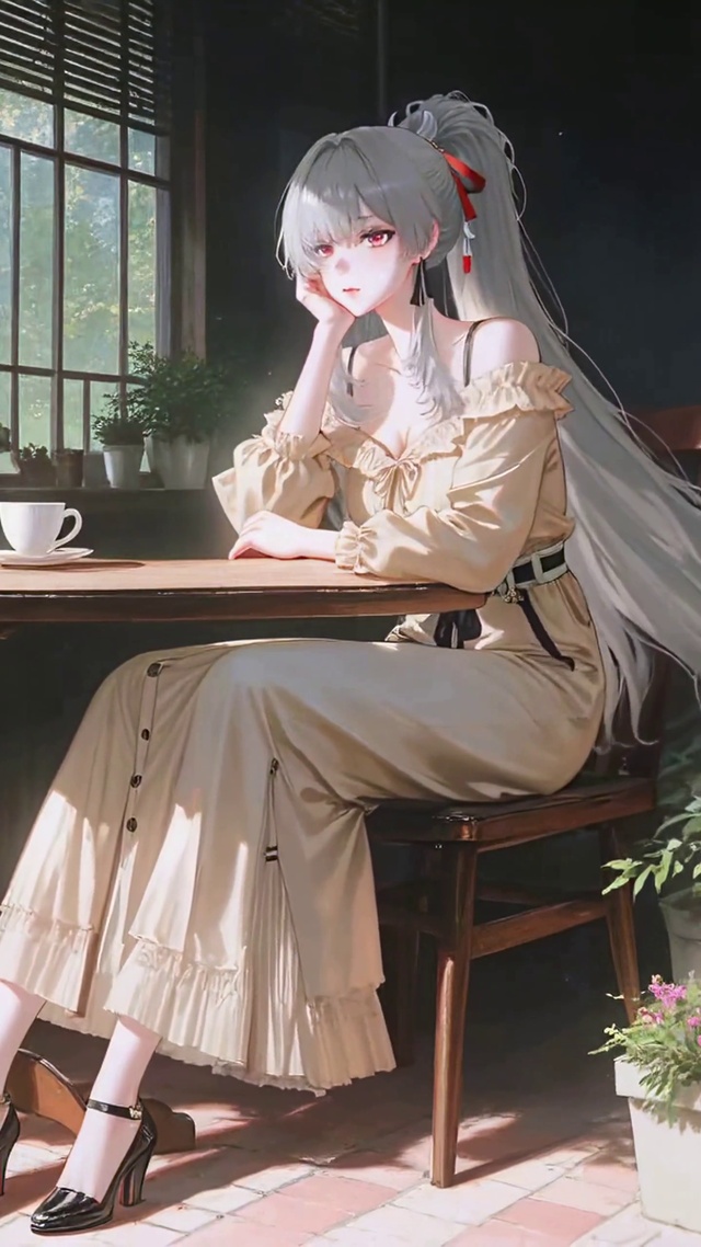 咖啡馆窗边银发美少女绯雪