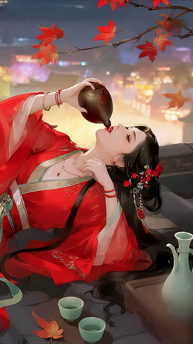 古风动漫-檐上借酒消愁的少女