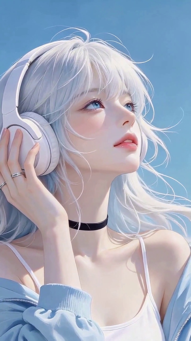 晴空下的银发耳机少女