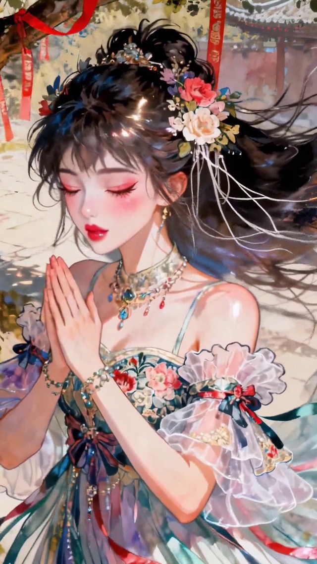 古树下祈愿的古风美少女
