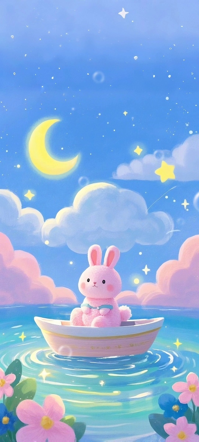 油画里的粉色游湖兔兔