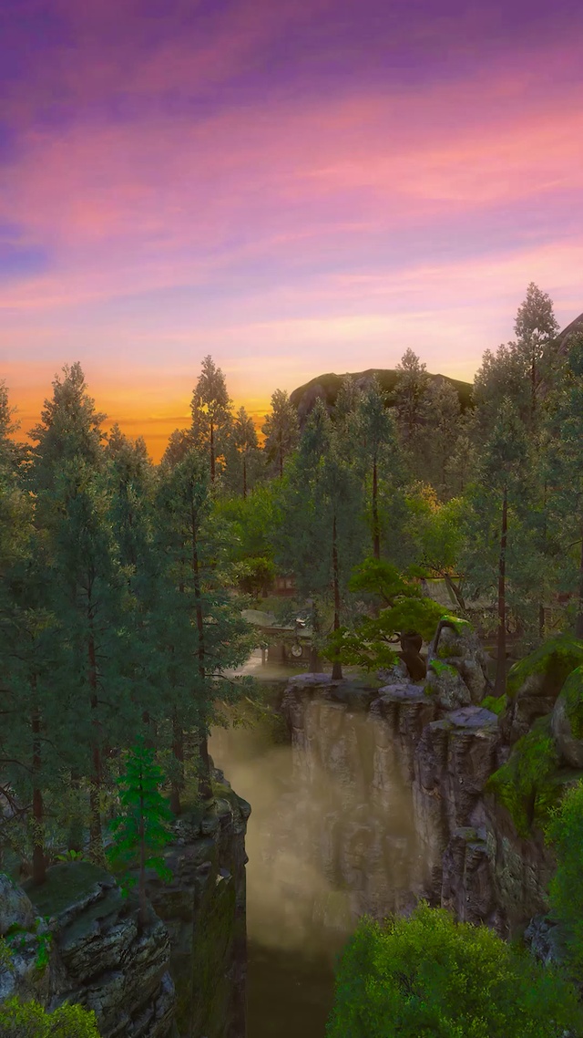 国风唯美黄昏树林瀑布