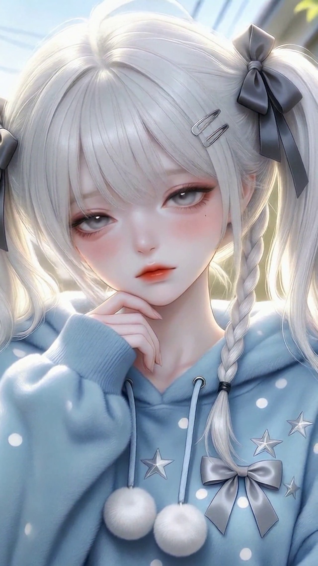 日系街头银发双马尾少女