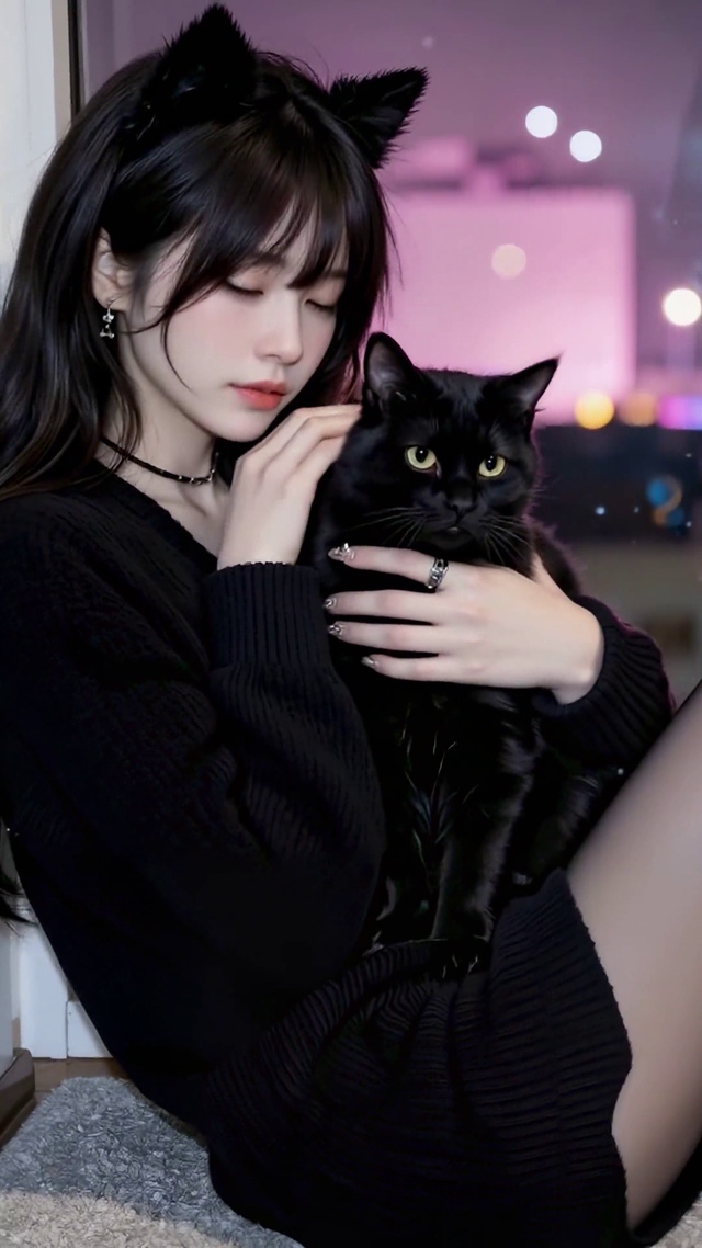 夜景窗边猫耳美女抱黑猫