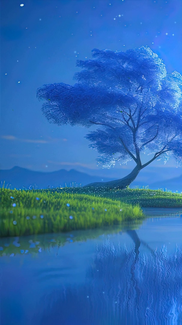 夜景星空树木河流