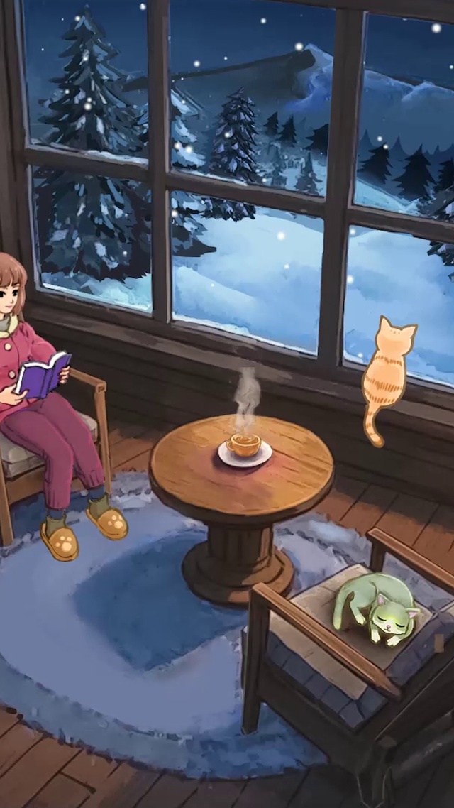雪夜森林里的小猫、少女和木屋