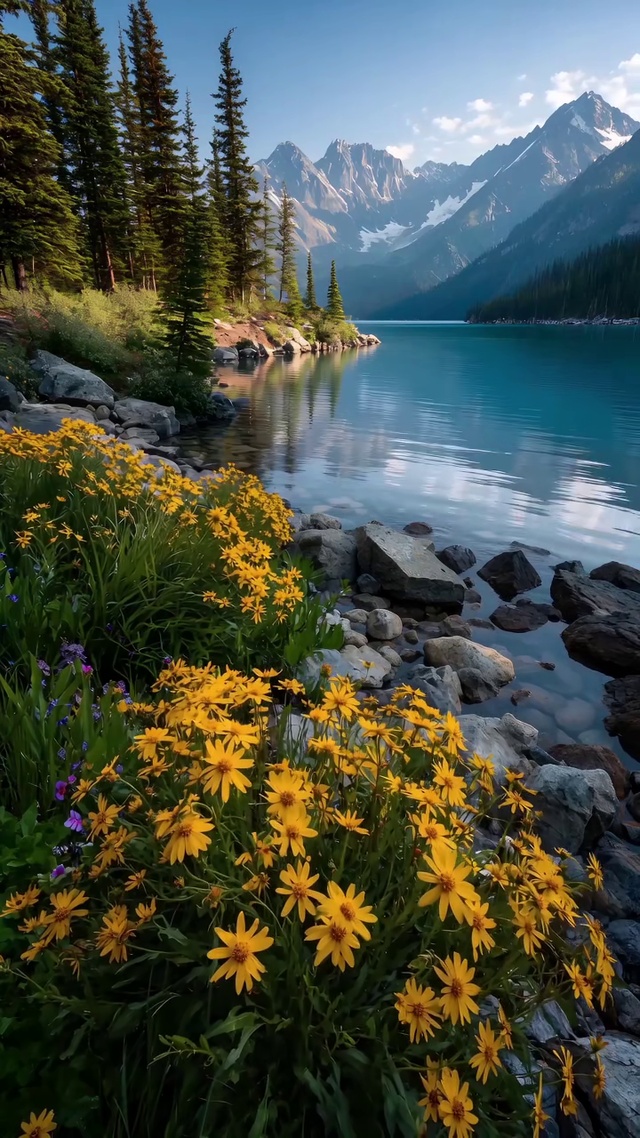 山湖静谧，黄花漫岸