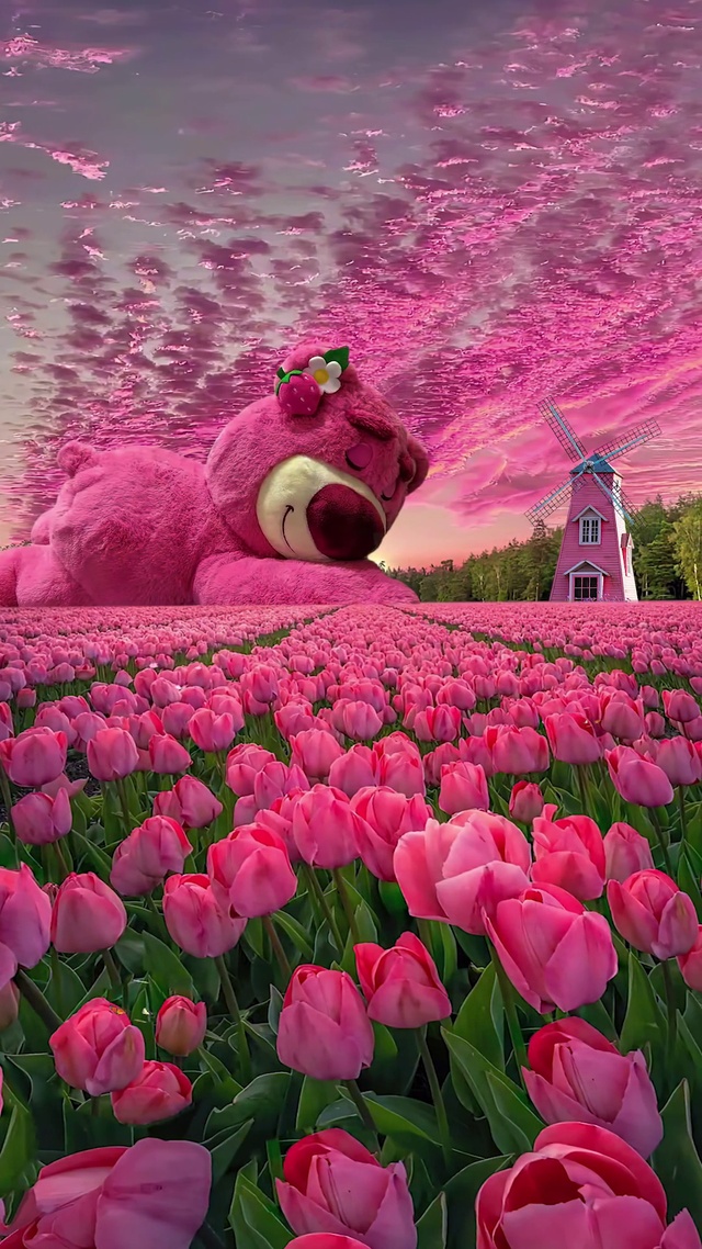 粉红色郁金香草莓熊