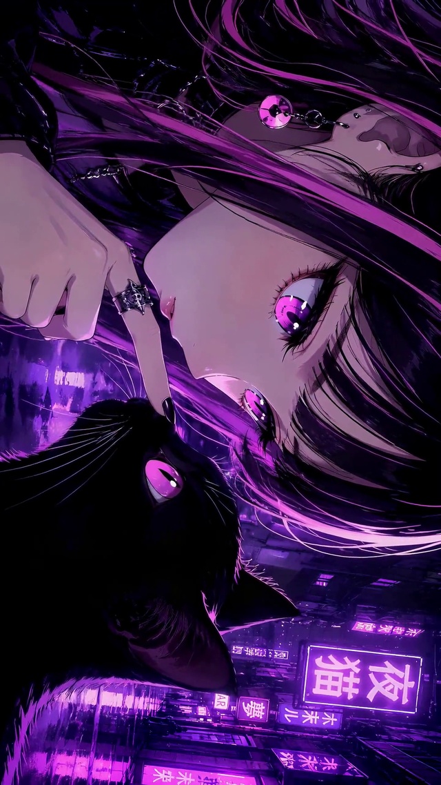 赛博紫夜黑猫美少女