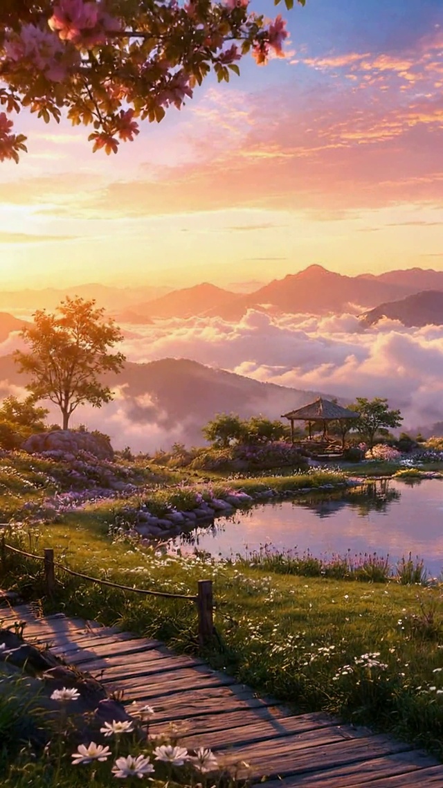 日落云海山间花海治愈风景
