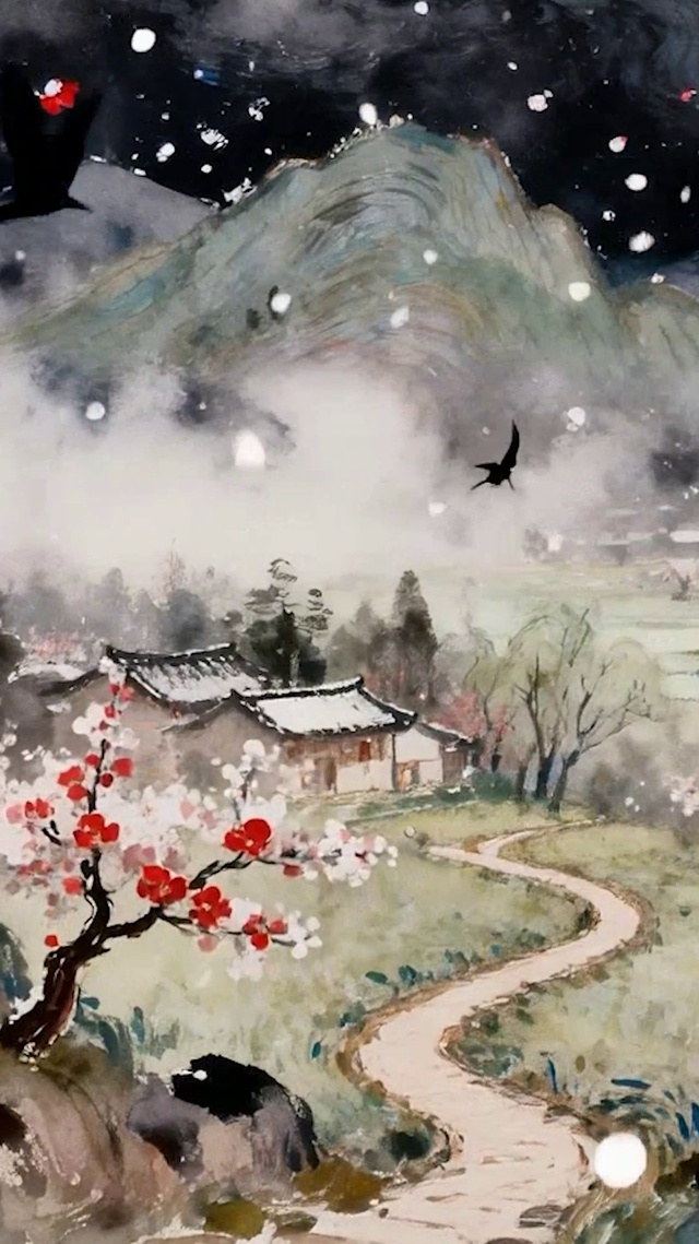 雪景古风树木河流景色