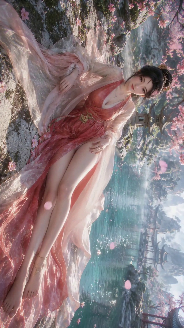 樱花湖畔古风汉服美女