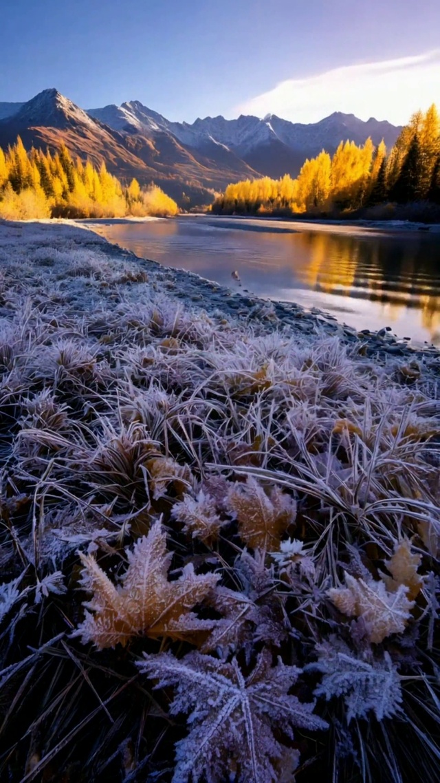 霜染秋林，镜湖映雪山