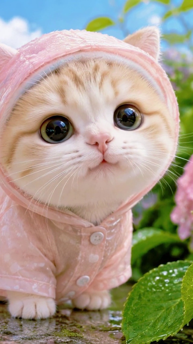绣球花下的雨衣猫猫