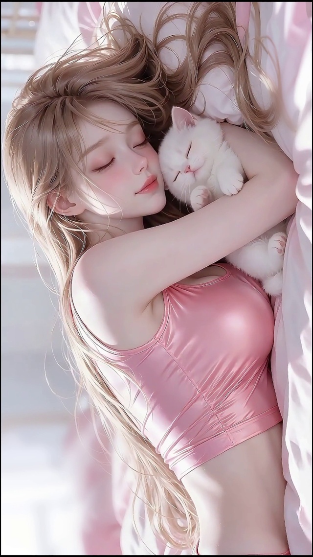 搂猫咪睡觉的少女