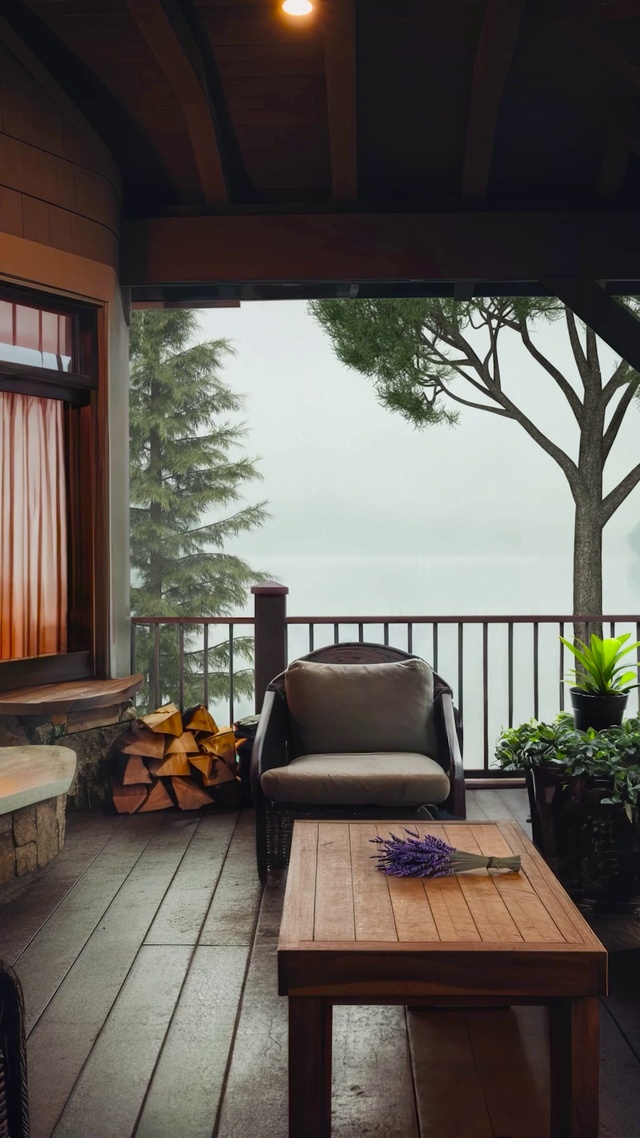 雨天湖边木屋