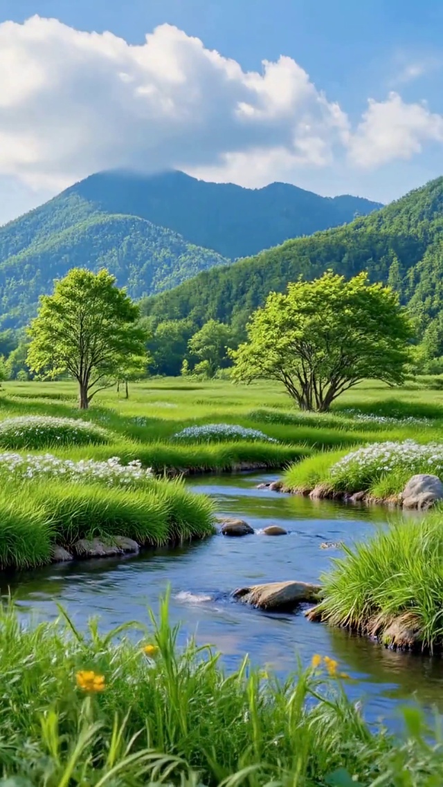 清新治愈山野溪流木屋风景