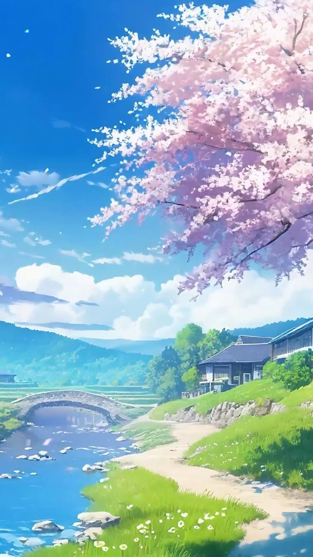 蓝天白云樱花树木河流