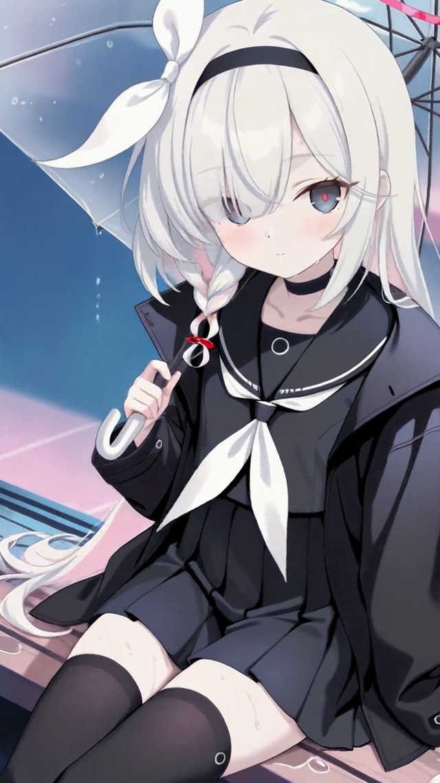 雨夜撑伞白发二次元美少女