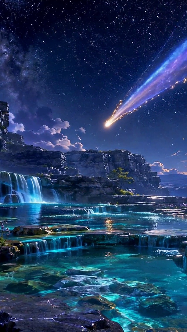 星空流星峡谷瀑布夜景