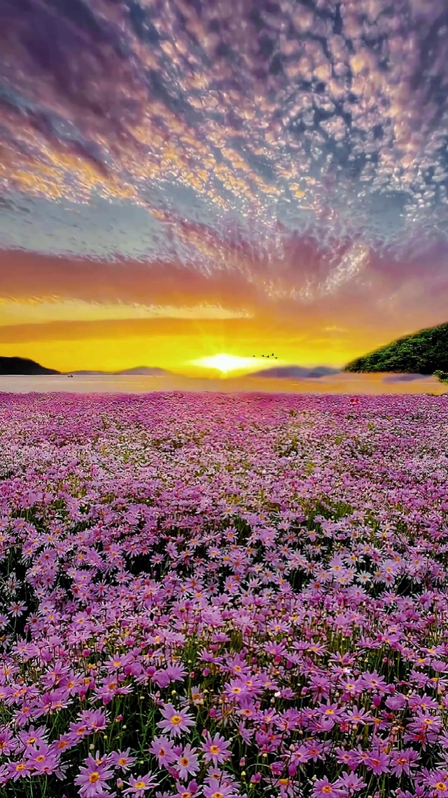 唯美晚霞小雏菊花海