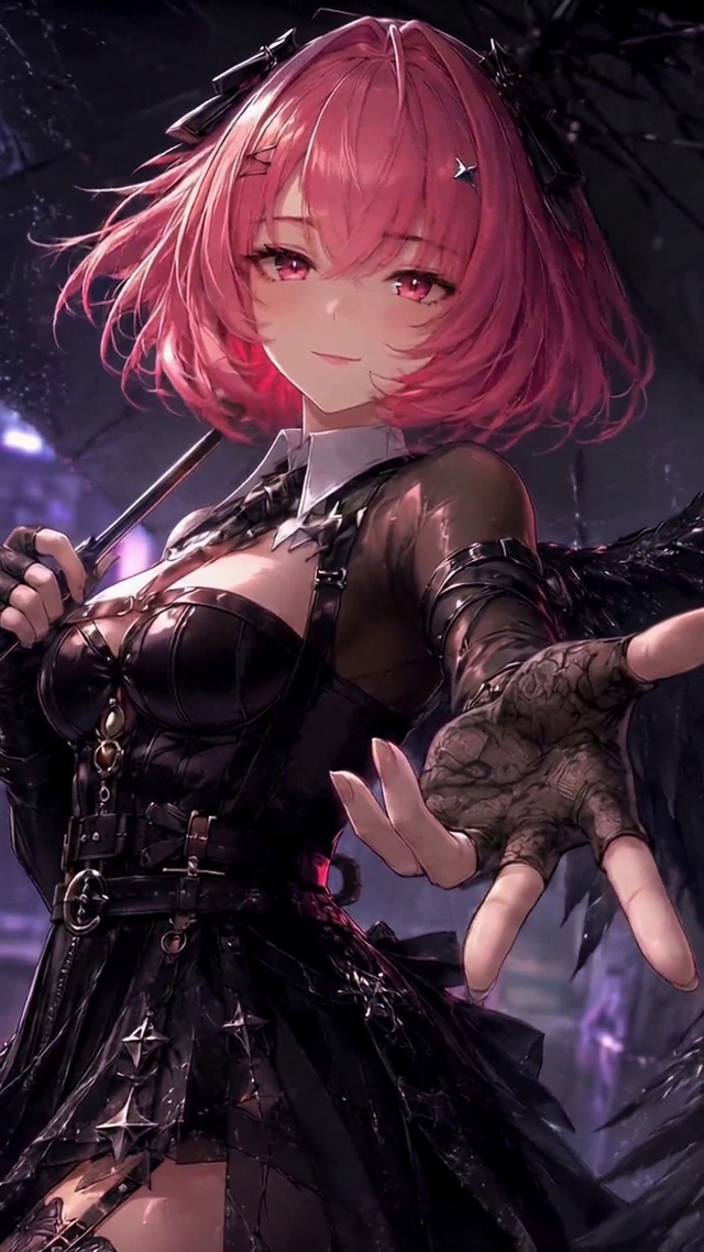 赛博雨夜粉发黑翼二次元美少女