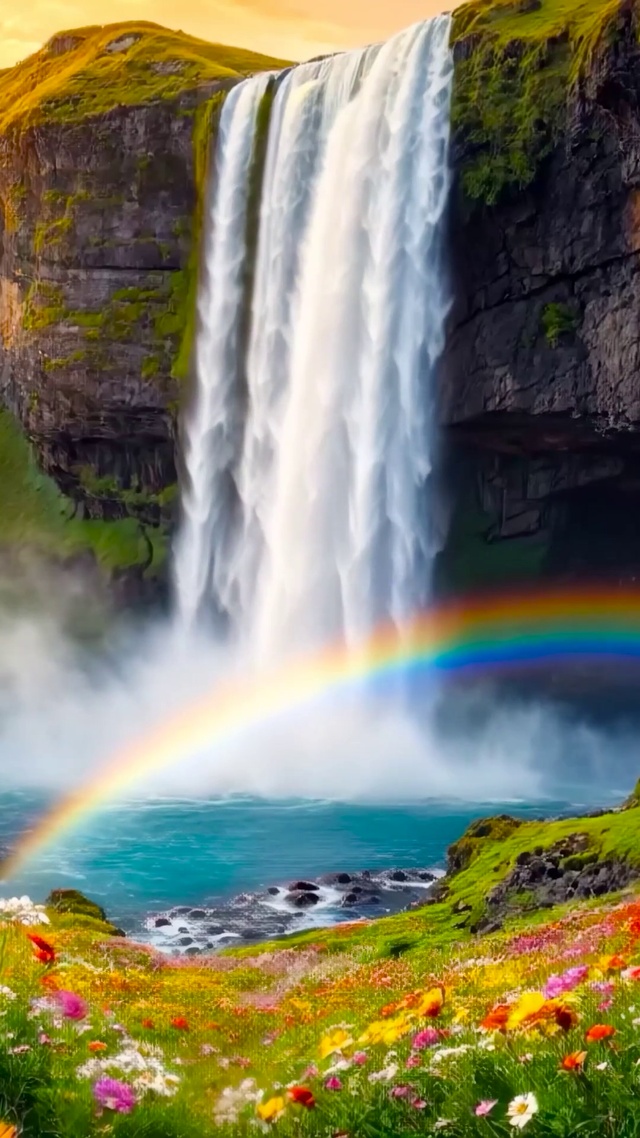 唯美高山瀑布彩虹