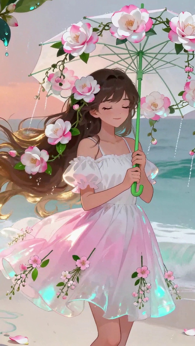 海边落日花伞少女