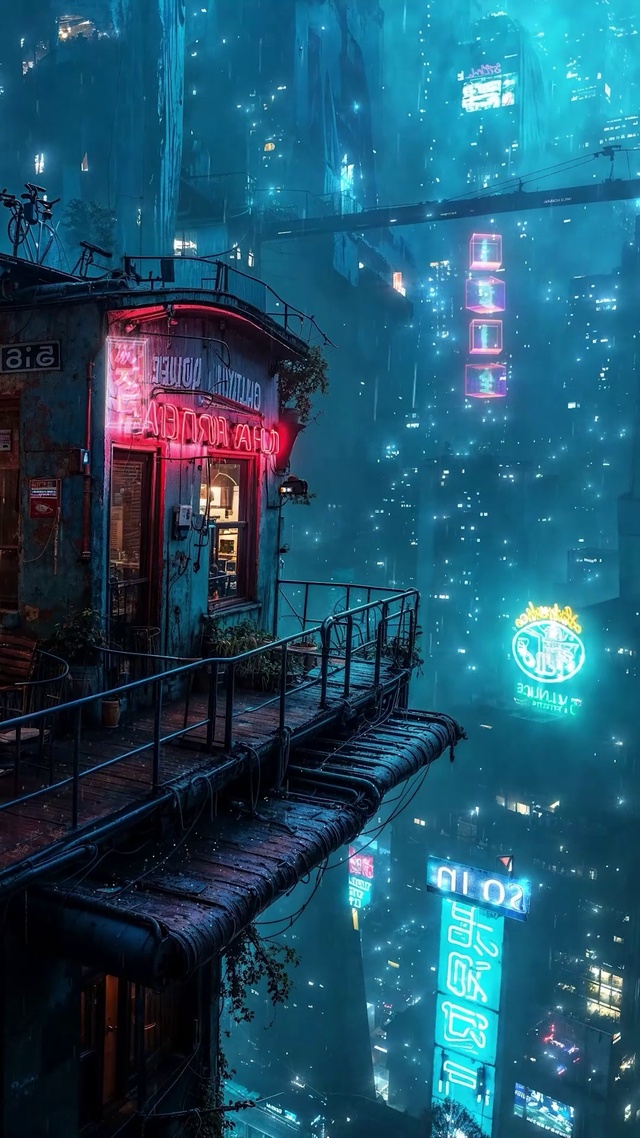 未来雨夜城市阁楼