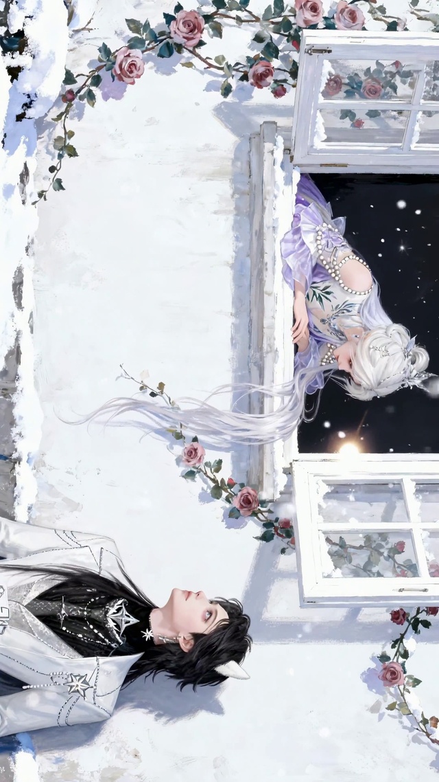 冬日雪景窗边浪漫情侣