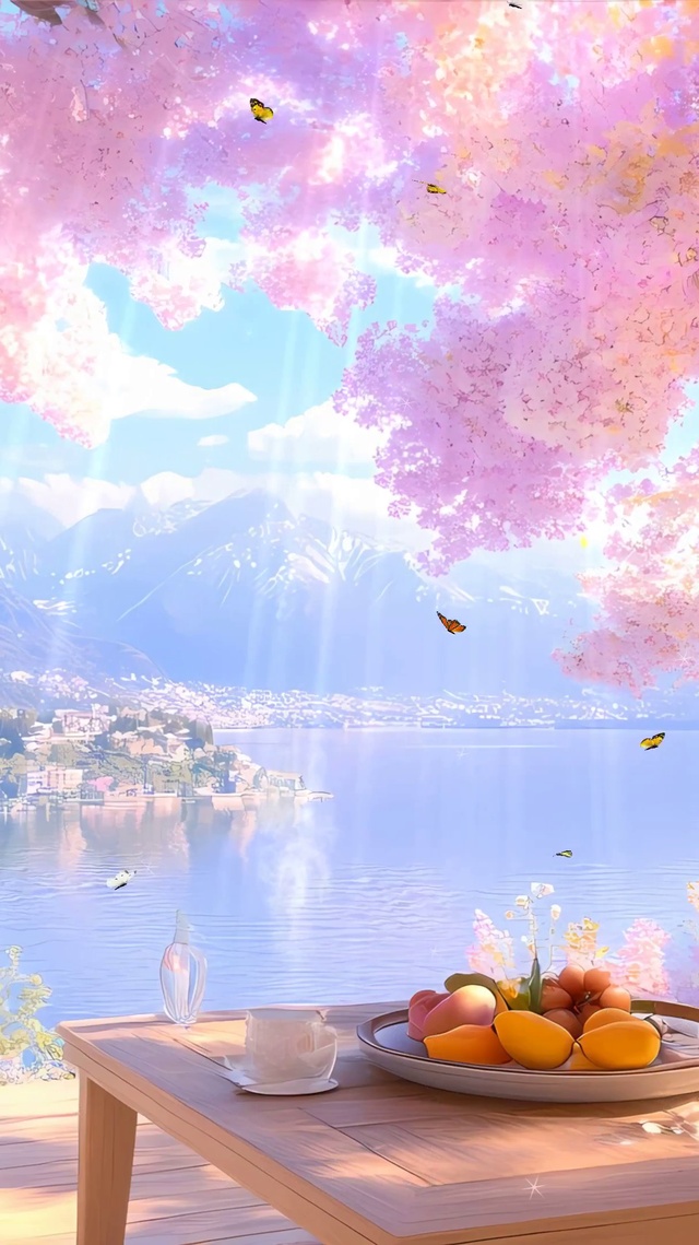 欣赏樱花树木海景