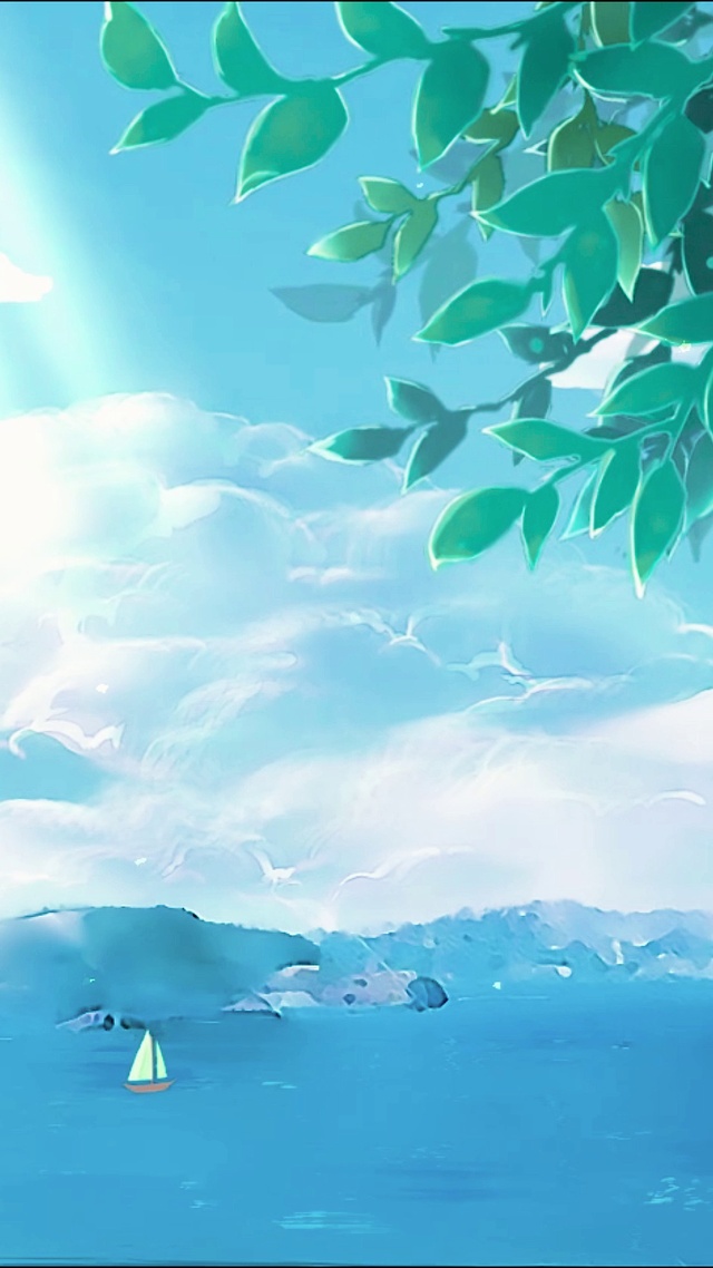 大海、帆船、绿树、白云和蓝天