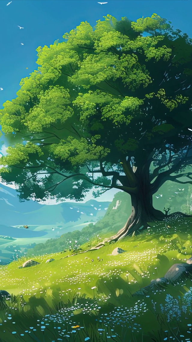 护眼蓝天白云树木草地绿景