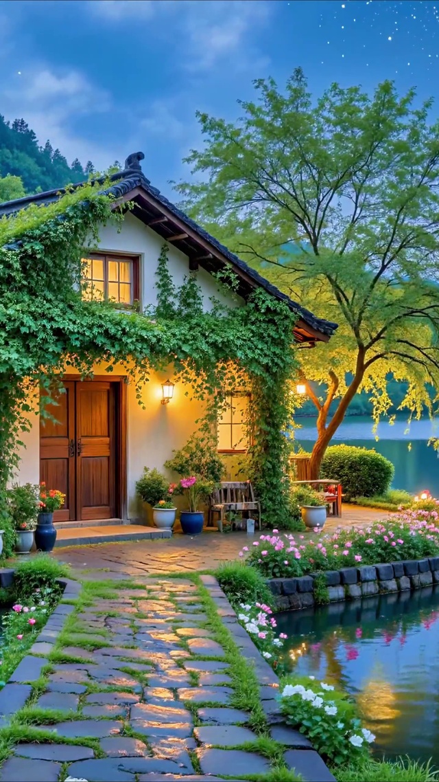 唯美月下湖畔小屋