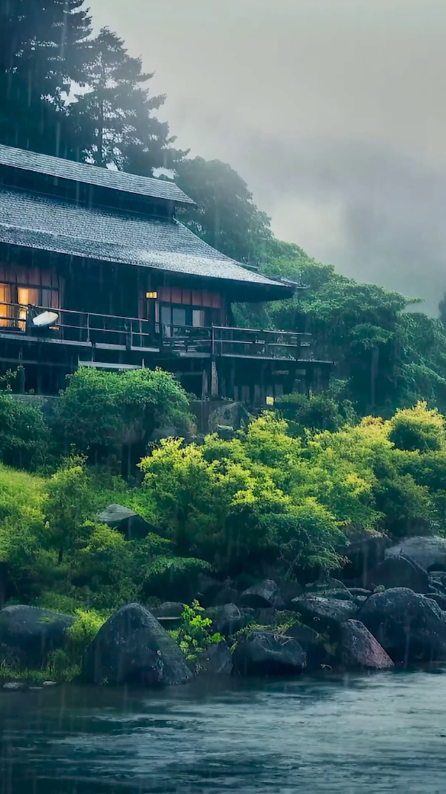 雨天云雾江边山庄