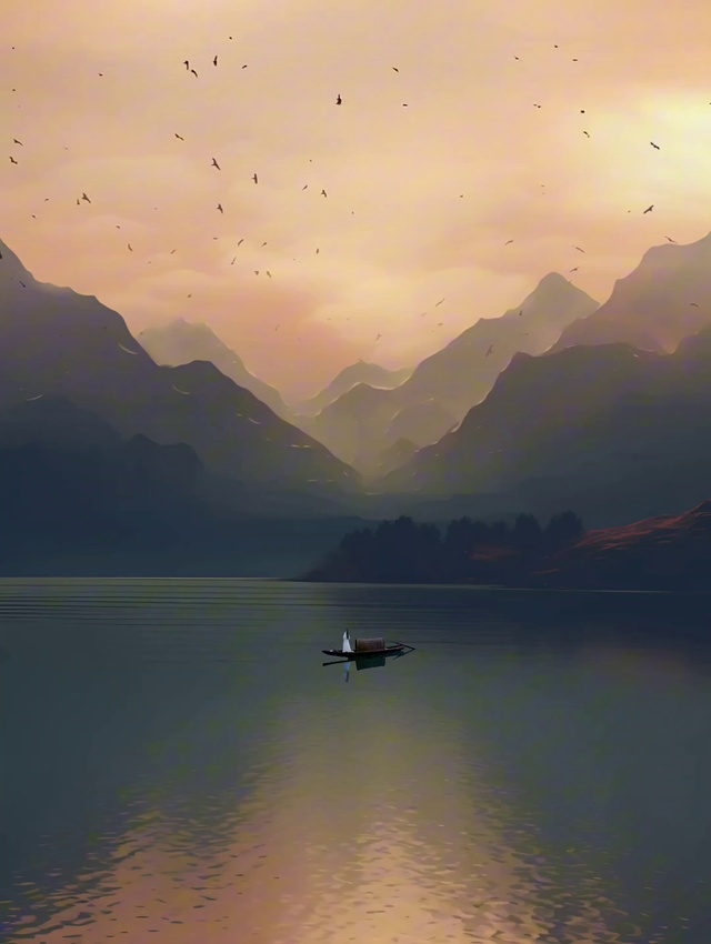 江中孤舟，如诗如画，寂静而宁谧