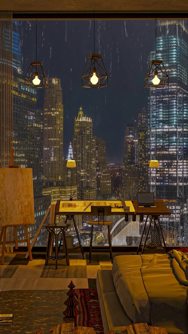 温馨都市雨夜房间