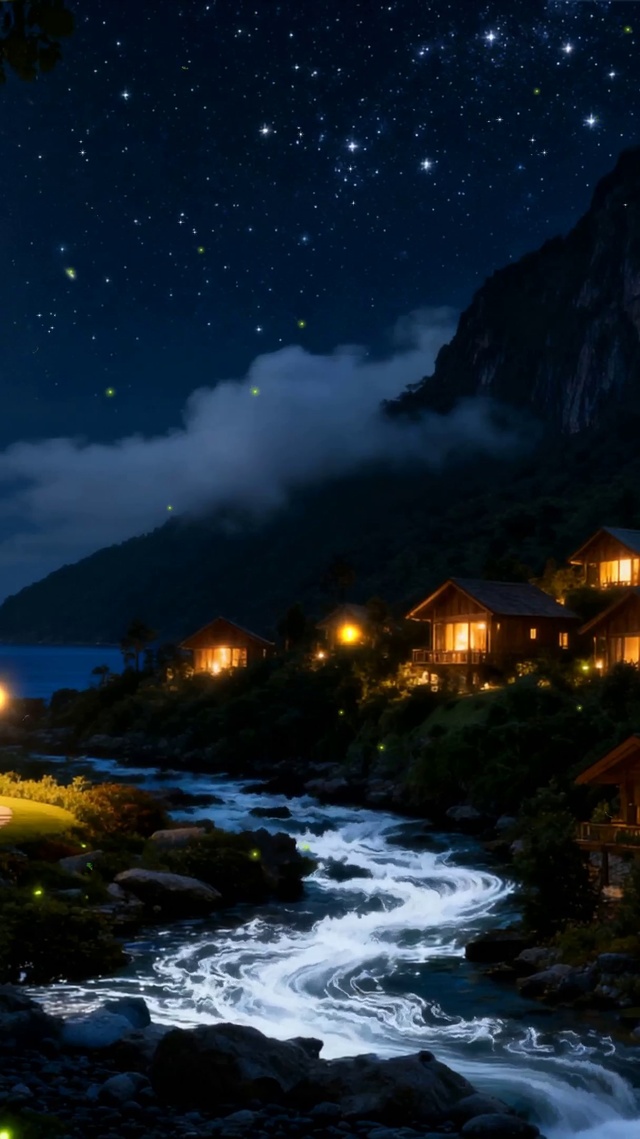 夜景房屋树木河流