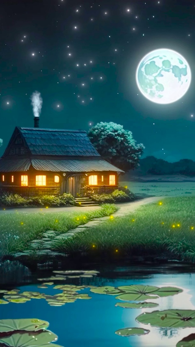 唯美夜晚草原池塘小屋