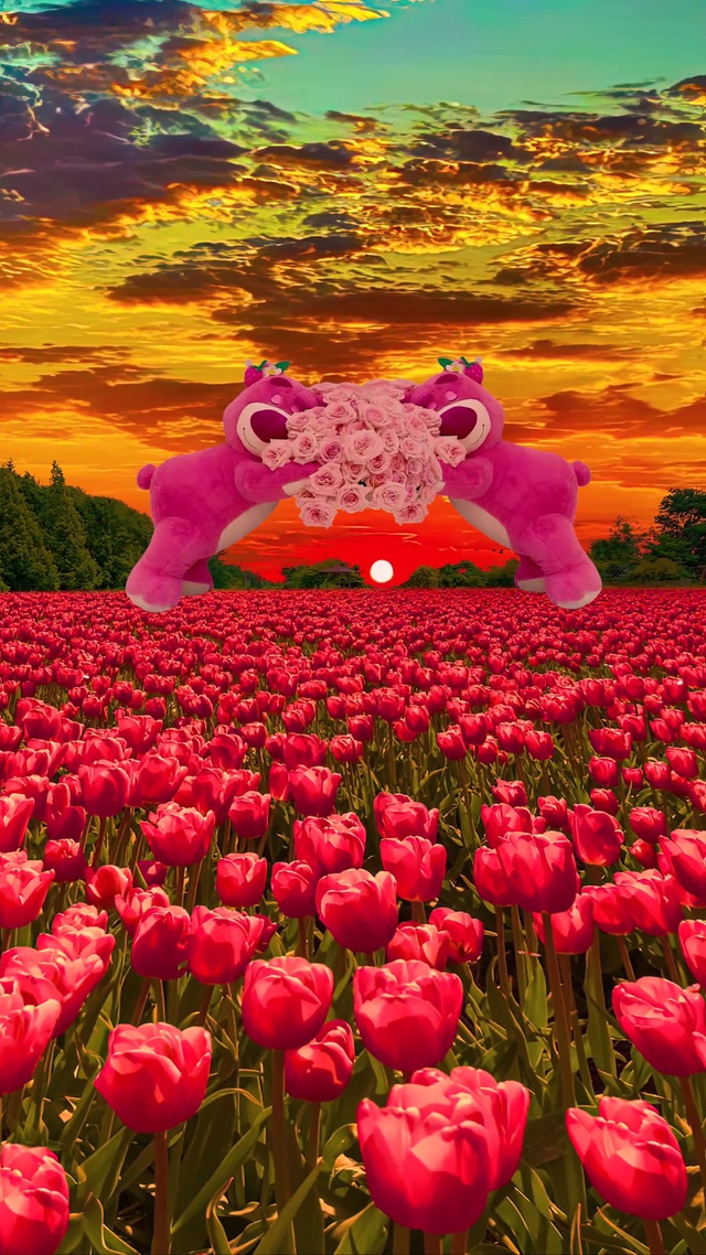 爆款草莓熊夕阳郁金香花海
