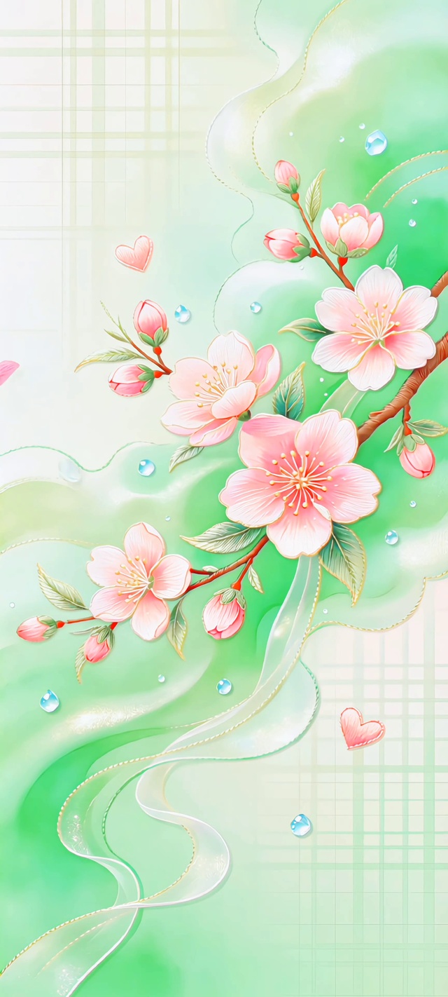 全屏薄荷绿柔雾桃花治愈插画